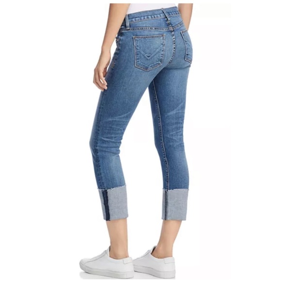 Hudson Wide Cuff Distressed Fringe Hem Medium Wash Cropped Skinny Jeans 29 - Picture 4 of 14